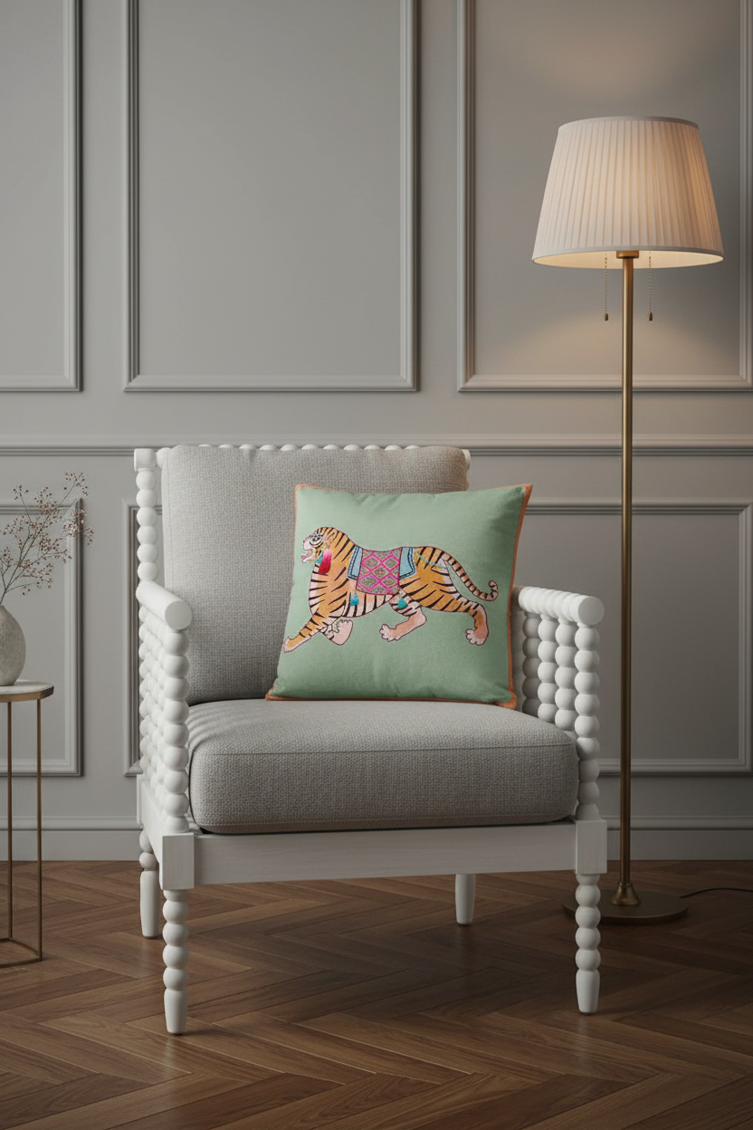 A light gray upholstered armchair with a white beaded frame sits in a styled room with wood flooring, a floor lamp, and a mint green throw pillow featuring a colorful embroidered tiger.