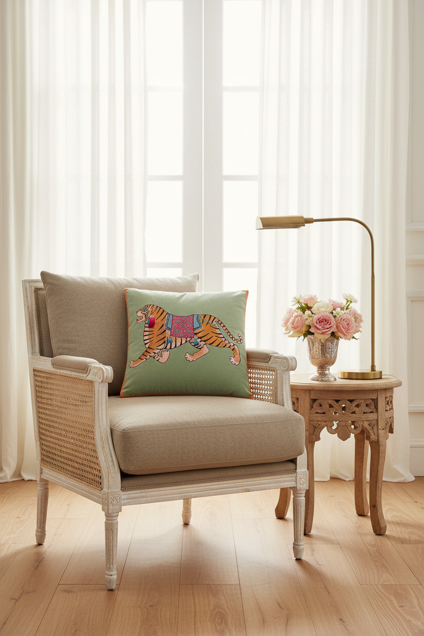 A styled living room scene featuring a beige armchair with a woven cane back, a matching beige cushion, and a decorative throw pillow with an embroidered tiger. A small wooden side table with a brass lamp and pink flowers sits next to the chair in front of sheer white curtains.