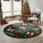 Decorative Christmas-themed rug in a room with a Christmas tree and presents.