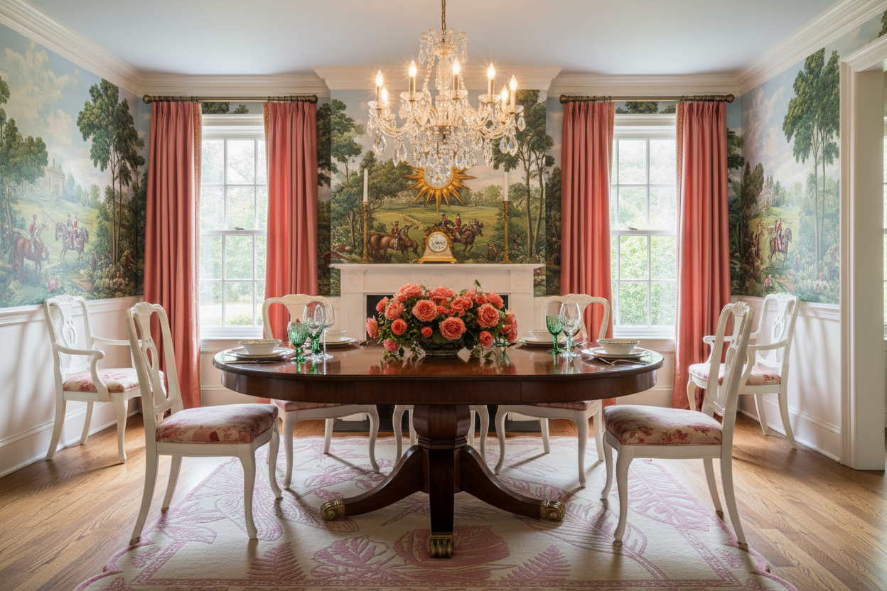 Dining room with round wooden table, square rug, chairs, and floral centerpiece.