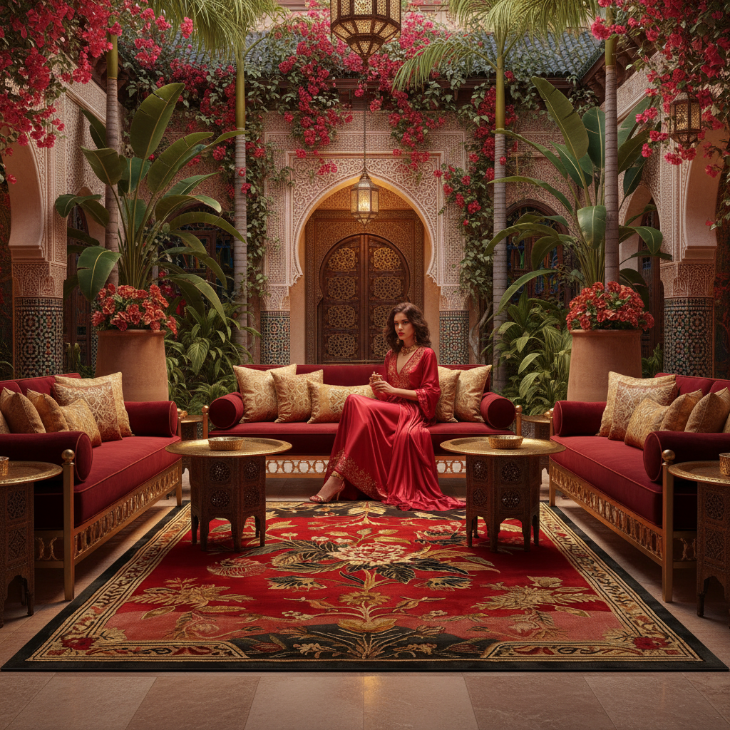 Woman in a red dress sitting on a red sofa in a ornate room with floral decorations and patterned rug.