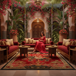 Woman in a red dress sitting on a red sofa in a ornate room with floral decorations and patterned rug.