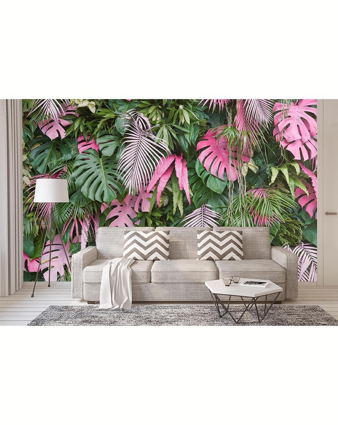 Floral Green Cactus Rose and Orchids Removable Wallpaper Colorful Tropical Palm Leaves Wall Mural 