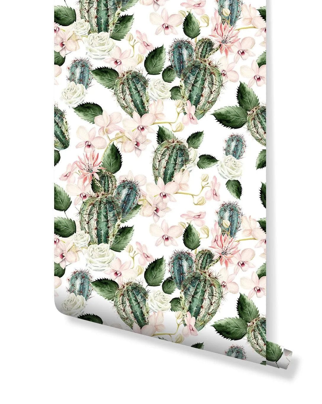 Floral Green Cactus Rose and Orchids Removable Wallpaper