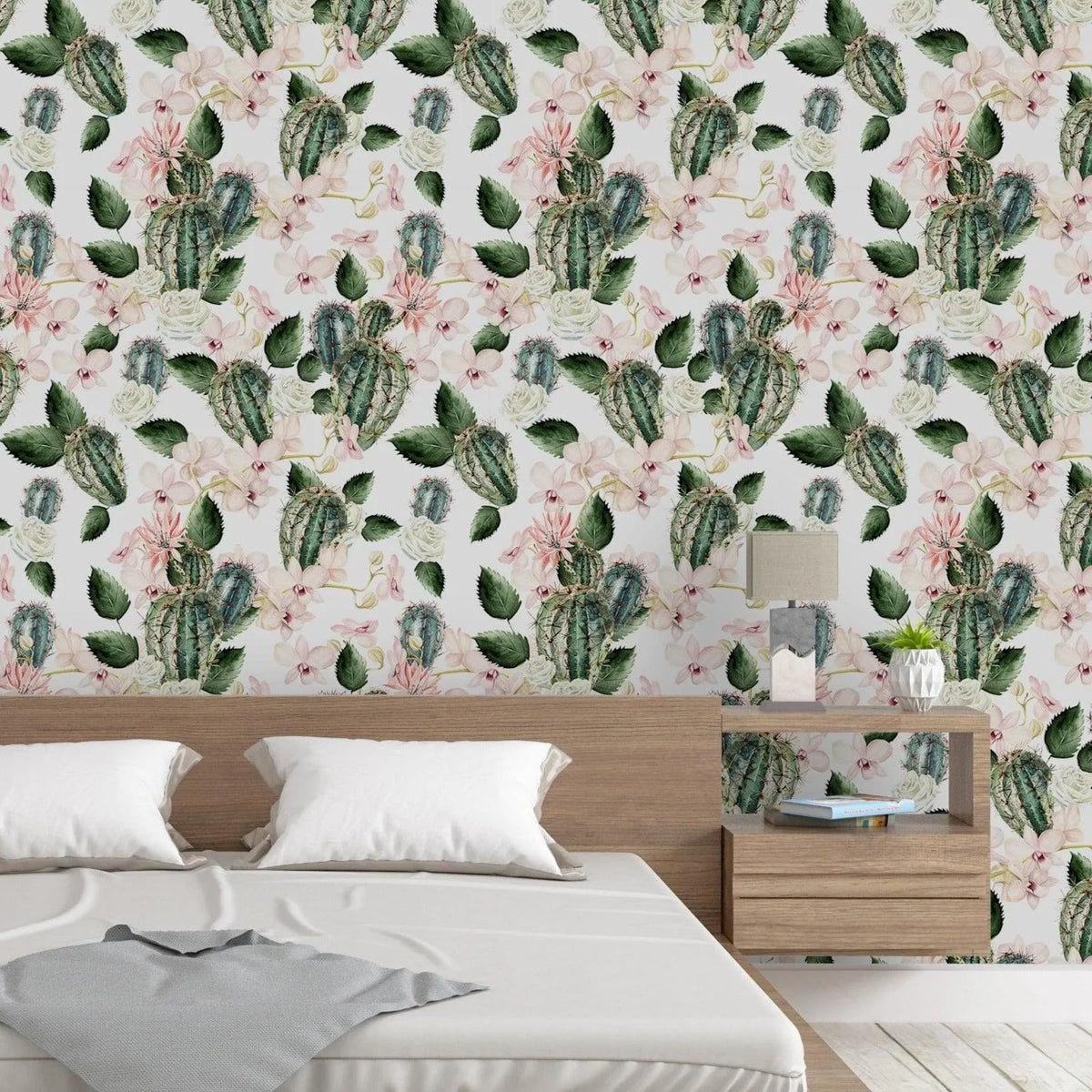 Floral Green Cactus Rose and Orchids Removable Wallpaper