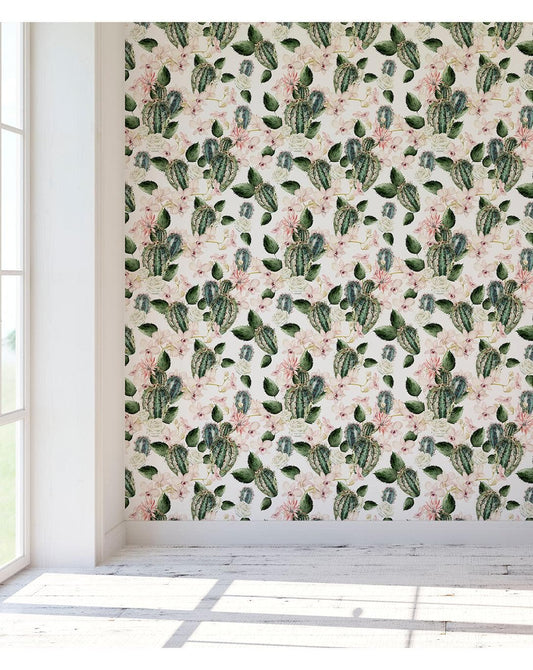 Floral Green Cactus Rose and Orchids Removable Wallpaper 