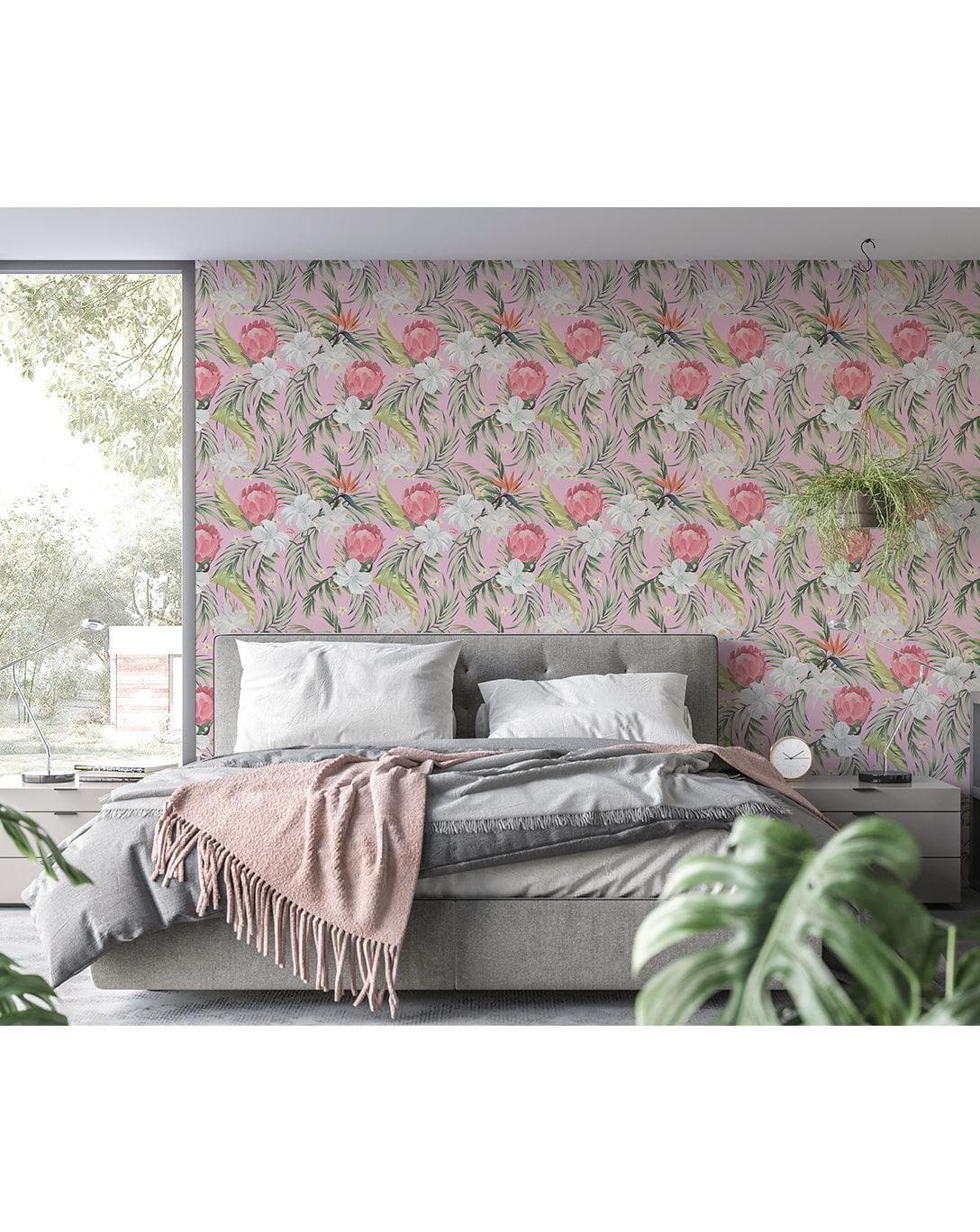Floral Greenery Pink Flowers Removable Wallpaper Exotic Pink Flowers Botanical Removable Wallpaper Exotic Pink Flowers Botanical Removable Wallpaper 