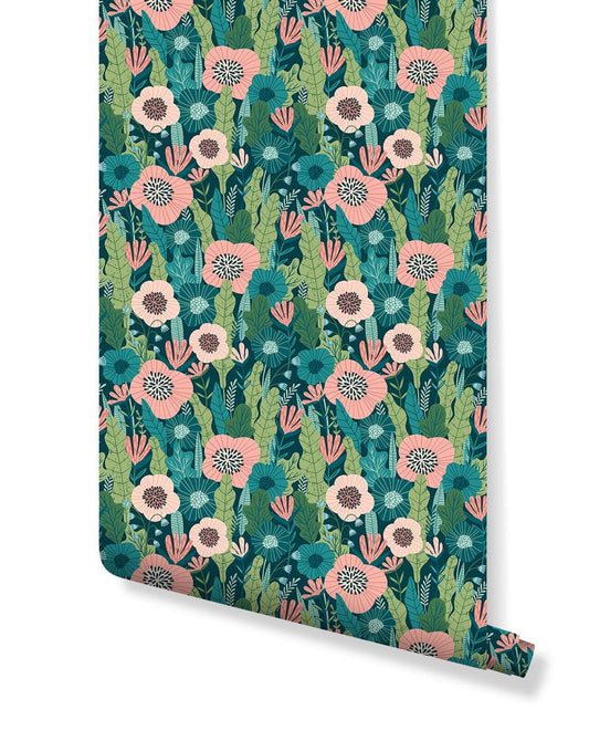Floral Greenery Pink Flowers Removable Wallpaper 