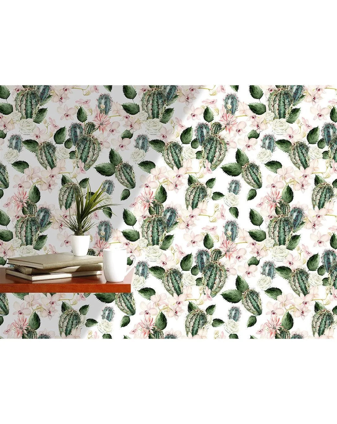 Floral Green Cactus Rose and Orchids Removable Wallpaper