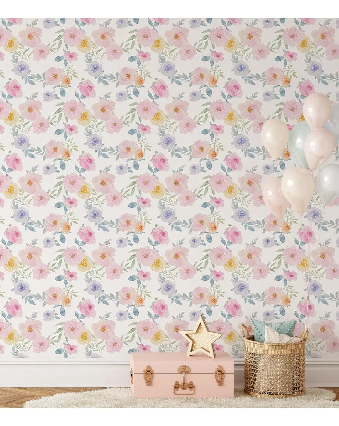 Floral Watercolor Pink Yellow Blue Roses Retro Flowers Wallpaper