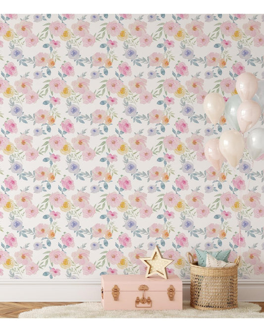 Floral Watercolor Pink Yellow Blue Roses Retro Flowers Wallpaper 
