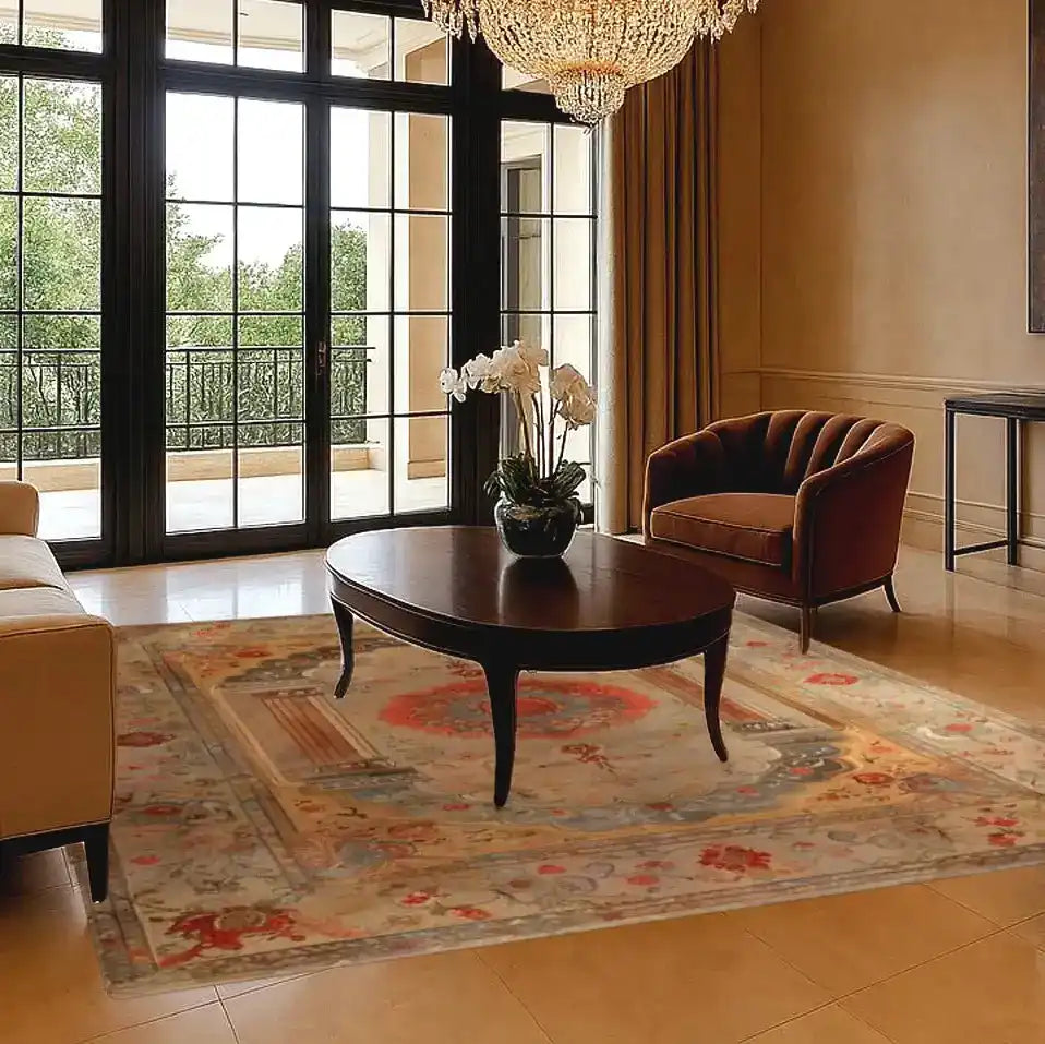 This elegant living room features a beautiful Floral Archway Hand Knotted Area Rug, perfectly complementing the sophisticated decor. The vintage rug showcases intricate Persian designs, adding a touch of timeless elegance to the space. Ideal for large living rooms, this luxurious piece seamlessly integrates with the room's aesthetic, offering both style and comfort.