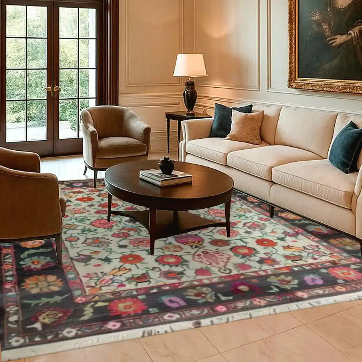 A cozy living room featuring the Floral Essence Hand Knotted Area Rug, perfect for adding a touch of elegance to your space. This vintage rug, ideal for an 8x10 living room setup, showcases intricate floral patterns resembling Persian rugs, providing a sophisticated and timeless feel. The rug's vibrant colors and detailed design enhance the warmth and style of any living room.