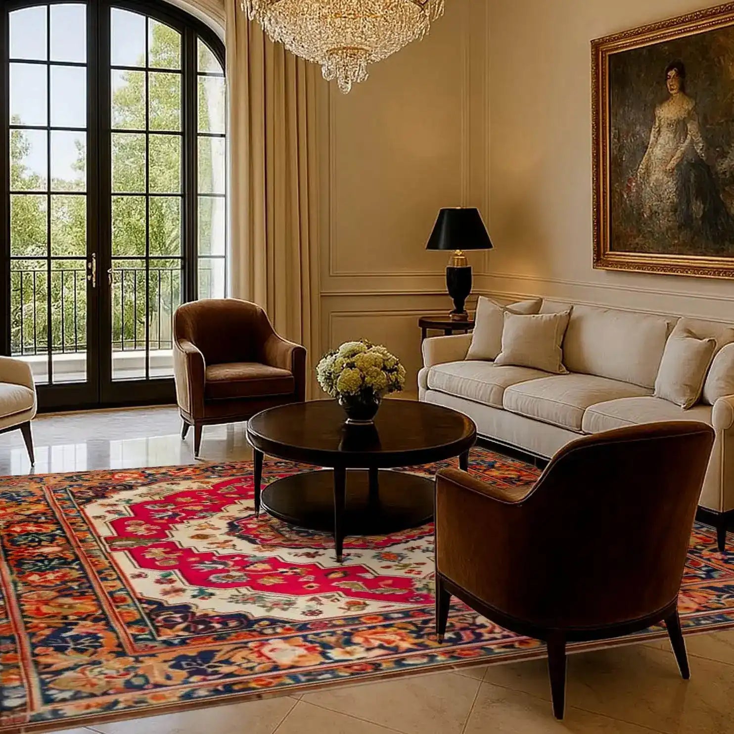 A beautifully decorated living room featuring a Floral Fiesta Hand Knotted Area Rug with intricate floral patterns in vibrant colors. This square rug adds a vintage touch to the space, perfectly complementing the elegant furniture and artwork. Ideal for both living room and dining room settings, this wool rug exudes the timeless charm of Persian rugs.