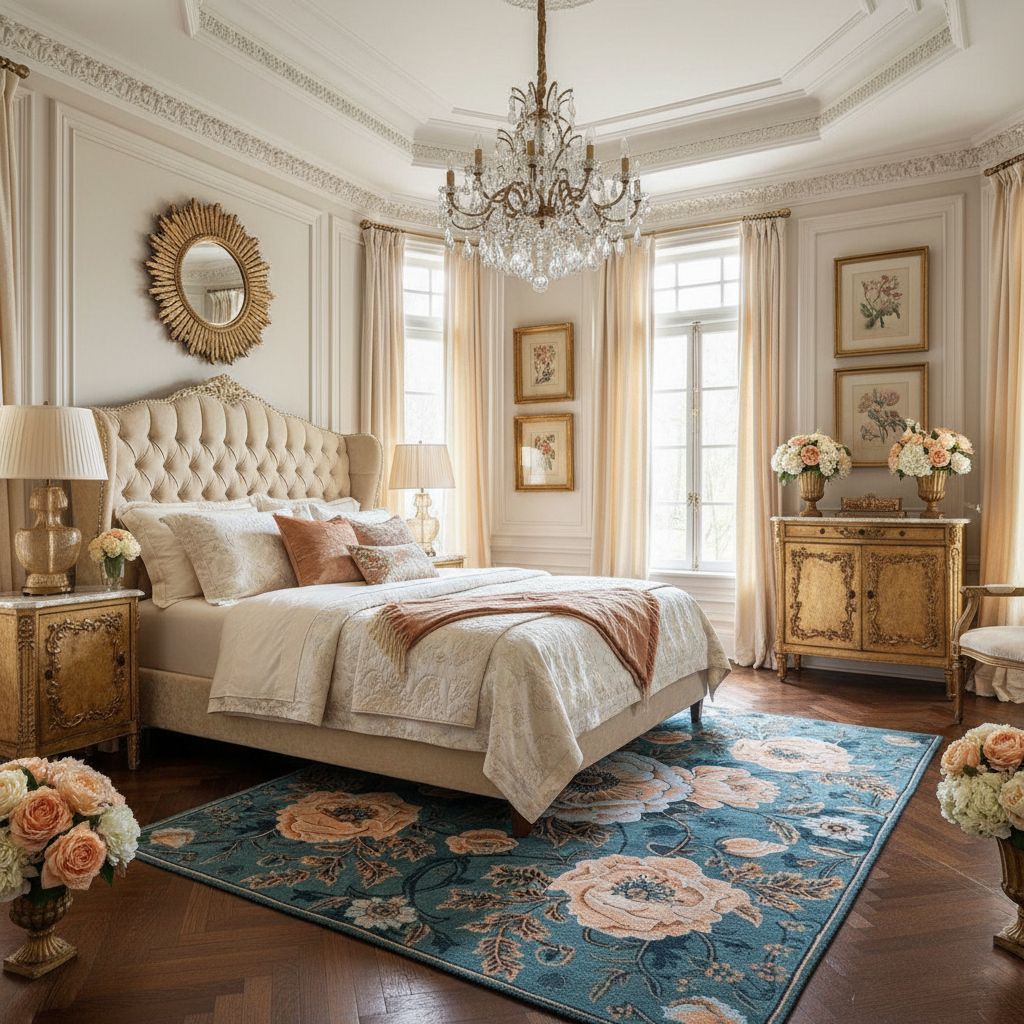 Luxurious bedroom with a large bed, floral rug, and decorative elements.