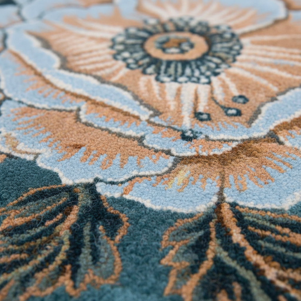Close-up of a floral patterned rug with blue, orange, and green colors.