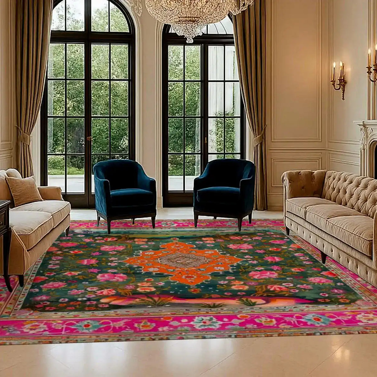 Elegant living room featuring a stunning Floral Tapestry Hand Knotted Area Rug. This wool rug showcases intricate Persian designs with vivid floral patterns, making it a perfect square area rug for dining rooms or formal settings. The rich colors and detailed craftsmanship add a touch of luxury to any dining or living room decor.