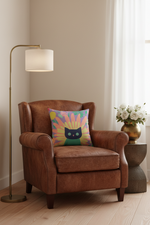 A brown leather wingback armchair in a styled room setting, featuring a colorful throw pillow with a black cat illustration. A brass floor lamp stands on the left, and a side table with white flowers is on the right.