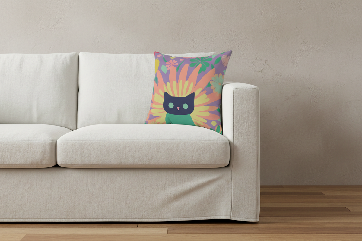 A brown leather wingback armchair in a styled room setting, featuring a colorful throw pillow with a black cat illustration. A brass floor lamp stands on the left, and a side table with white flowers is on the right.