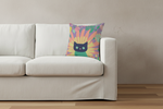 A brown leather wingback armchair in a styled room setting, featuring a colorful throw pillow with a black cat illustration. A brass floor lamp stands on the left, and a side table with white flowers is on the right.