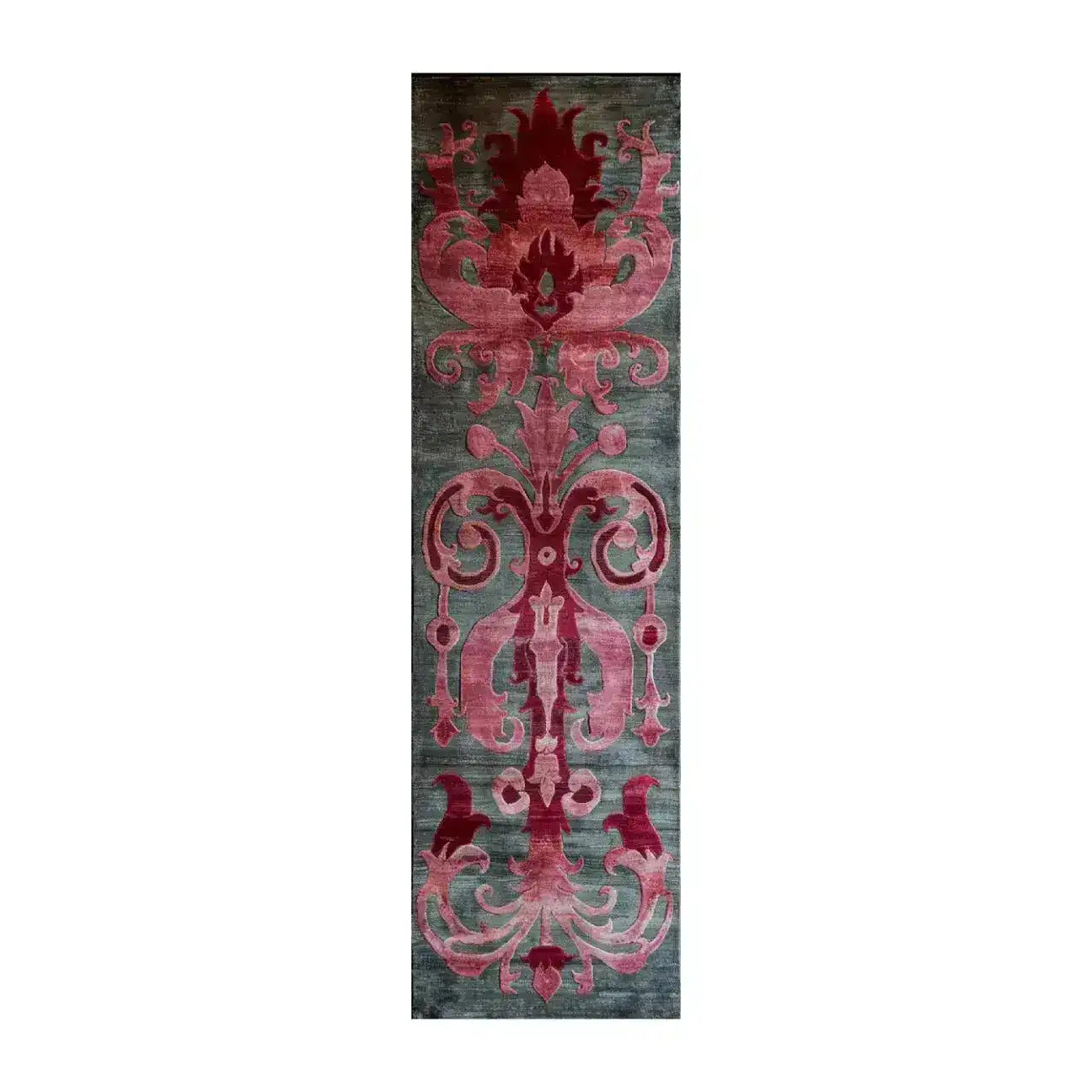 A stunning Floral Damask Hand Tufted Wool Runner Rug featuring an intricate red and pink damask pattern on a subtle gray background. Perfect for adding elegance to any space, this area rug can serve as a kitchen runner rug, hallway runner rug, or a stylish addition to your living room. Its luxurious wool material brings warmth and sophistication to large living room rugs or bathroom runner rugs.