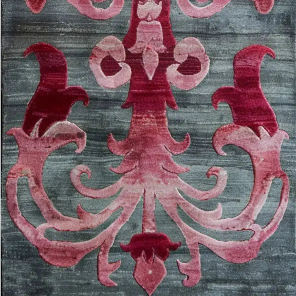 Close-up view of a Floral Damask Hand Tufted Wool Runner Rug featuring a beautiful pink and red damask pattern on a dark grey background, perfect for adding elegance to any space such as a living room, hallway, or bathroom. Ideal for those seeking luxurious kitchen runner rugs or large living room rugs.