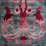 Close-up view of a Floral Damask Hand Tufted Wool Runner Rug featuring a beautiful pink and red damask pattern on a dark grey background, perfect for adding elegance to any space such as a living room, hallway, or bathroom. Ideal for those seeking luxurious kitchen runner rugs or large living room rugs.