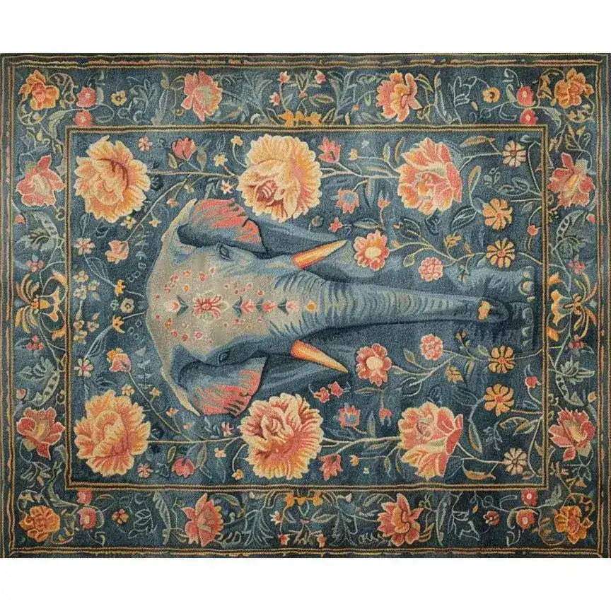 Beautiful Floral Elephant Wool Hand Knotted Area Rug featuring a stunning elephant design surrounded by vibrant floral patterns. Perfect for adding an exotic touch to your living room, this Persian-inspired rug offers a unique blend of style and elegance, making it an ideal choice for area rugs in living rooms.