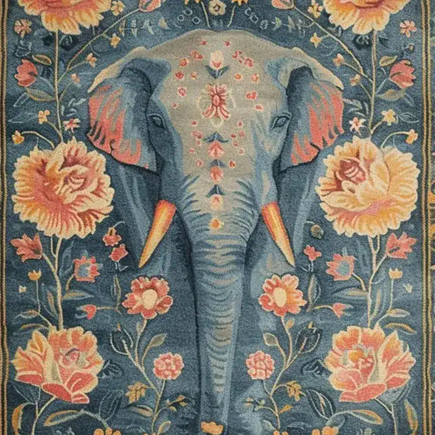 A stunning Floral Elephant Wool Hand Knotted Area Rug featuring a detailed elephant design surrounded by vibrant floral patterns. Perfect for adding a touch of elegance to your living room, this Persian-inspired floral rug offers a blend of traditional artistry and modern style, making it an ideal choice for area rugs in the living room.