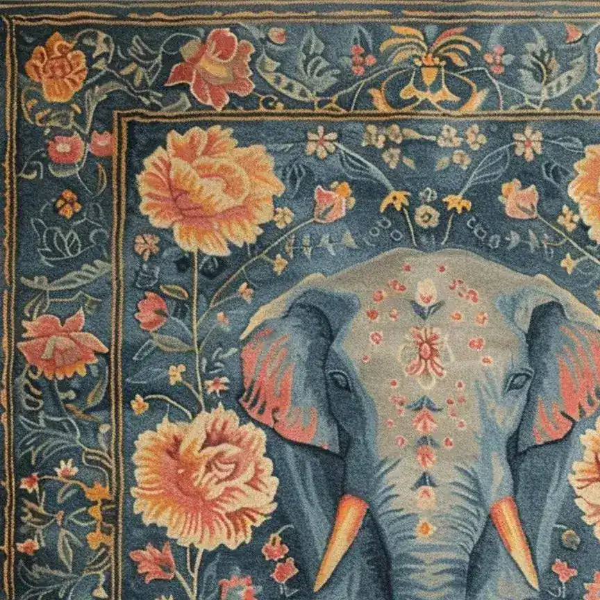 A beautifully detailed close-up of a Floral Elephant Wool Hand Knotted Area Rug, showcasing a majestic elephant surrounded by vibrant floral patterns. Perfect for adding a touch of elegance to any living room, this Persian-inspired floral rug exemplifies the art of traditional area rugs for living room spaces.