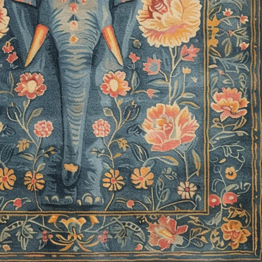 Floral Elephant Wool Hand Knotted Area Rug