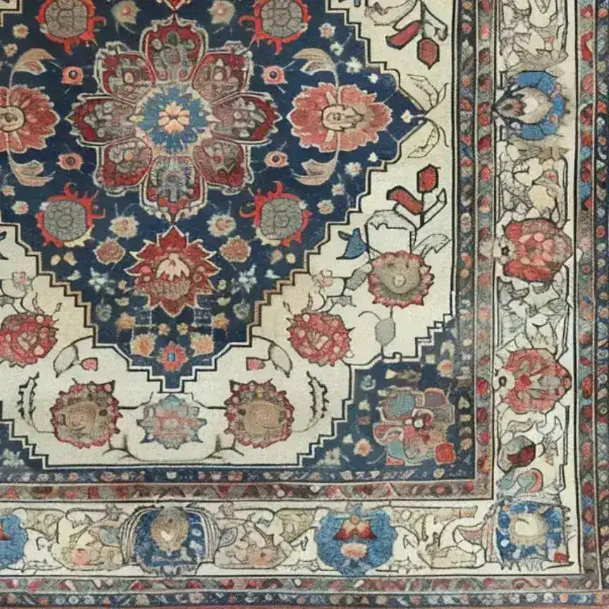 A close-up view of the Floral Euphoria Hand Knotted Area Rug, showcasing its intricate vintage Persian design with vibrant floral patterns. This 8x10 rug is perfect for adding a touch of elegance to living room spaces, combining both traditional and floral rug styles.