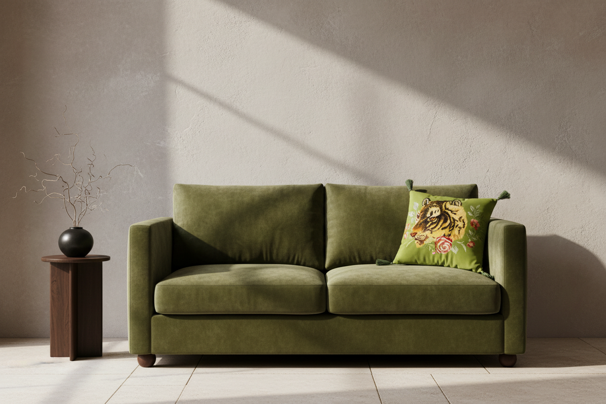 A white slipcovered two-seat sofa with a decorative green floral throw pillow, set against a neutral beige wall and light wood floor.