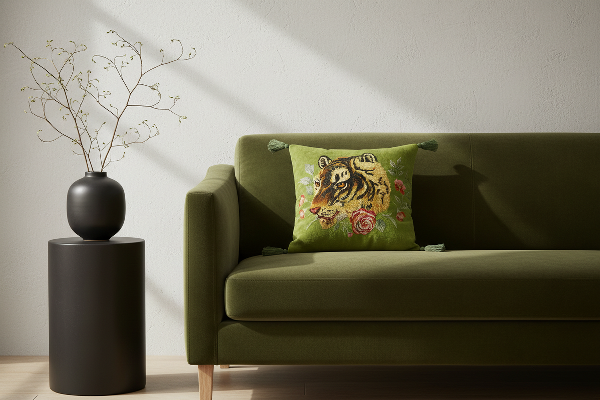 A white slipcovered two-seater sofa with a decorative green floral throw pillow, set against a neutral beige wall and light wood floor.