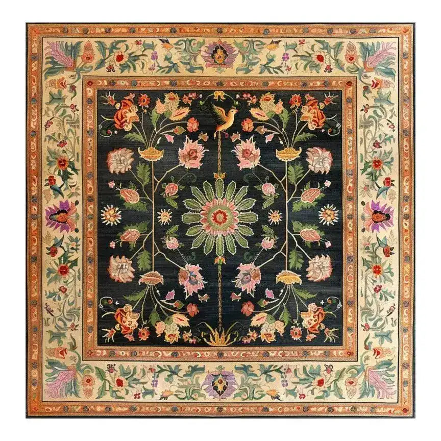 Elegant Floral Heritage Wool Hand Knotted Area Rug featuring a vibrant design with intricate floral patterns. This square area rug, perfect for both living room and dining room, showcases a rich palette of colors reminiscent of traditional Persian rugs, adding a touch of luxury to any dining room setting. Ideal as a dining table rug, this wool rug combines beauty and durability.