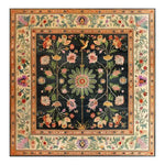 Elegant Floral Heritage Wool Hand Knotted Area Rug featuring a vibrant design with intricate floral patterns. This square area rug, perfect for both living room and dining room, showcases a rich palette of colors reminiscent of traditional Persian rugs, adding a touch of luxury to any dining room setting. Ideal as a dining table rug, this wool rug combines beauty and durability.