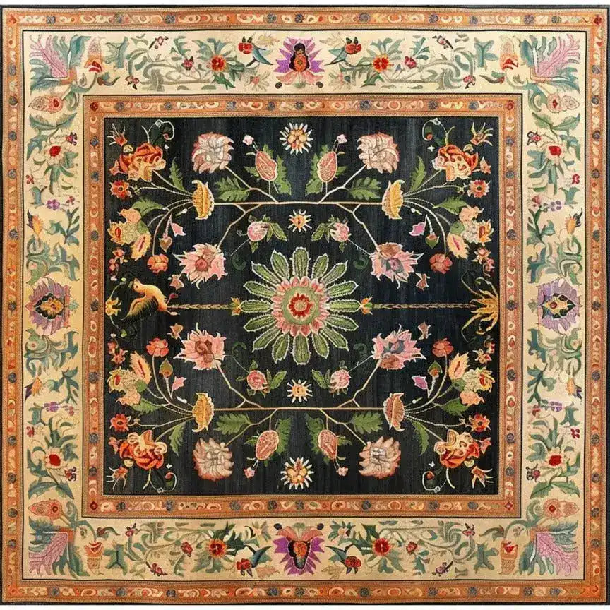 Beautiful Floral Heritage Wool Hand Knotted Area Rug featuring intricate floral patterns in vibrant colors. This square area rug is ideal for dining rooms and living areas, offering a touch of elegance and style. Perfect as a dining table rug or a statement piece among living room and dining room rugs. Crafted in the Persian rug tradition with luxurious wool, this floral rug adds a timeless charm.