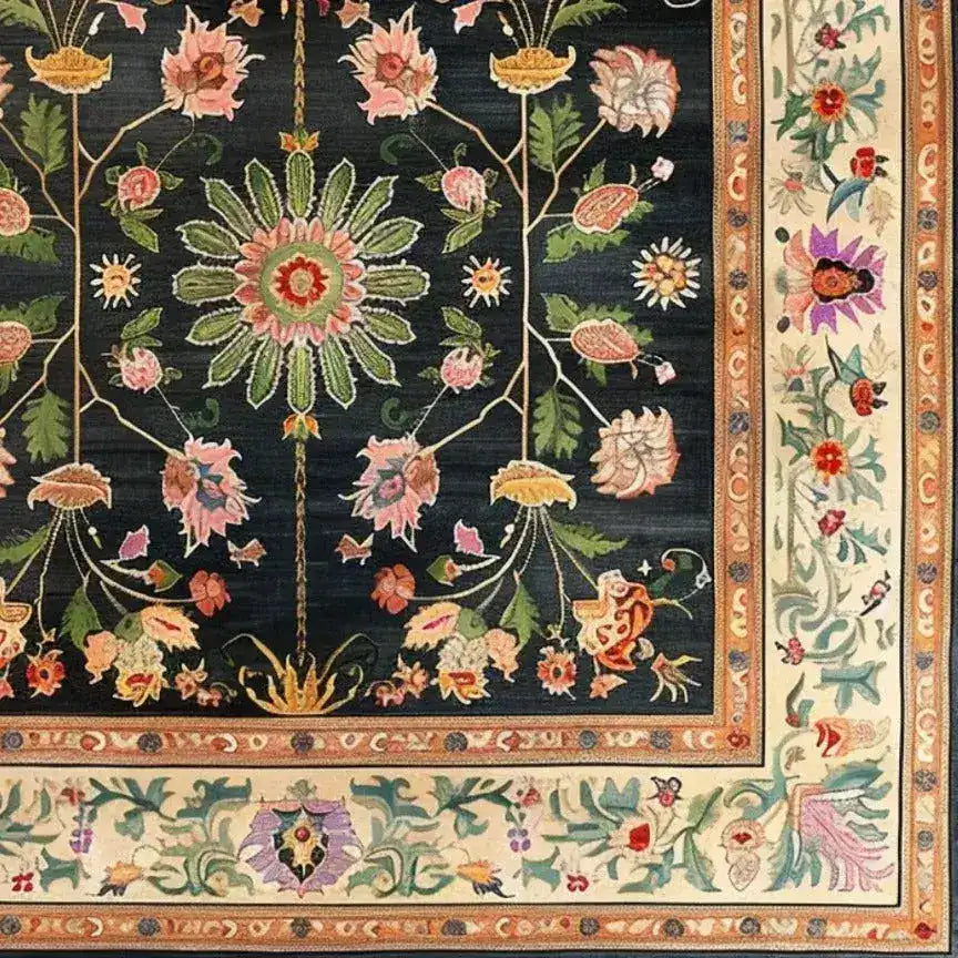 This elegant Floral Heritage Wool Hand Knotted Area Rug features a rich, intricate floral pattern with vibrant colors on a dark background, bordered by a detailed design. Perfect as a square area rug for living rooms and dining rooms, this wool rug adds a touch of Persian elegance, making it an ideal choice for under a dining table.