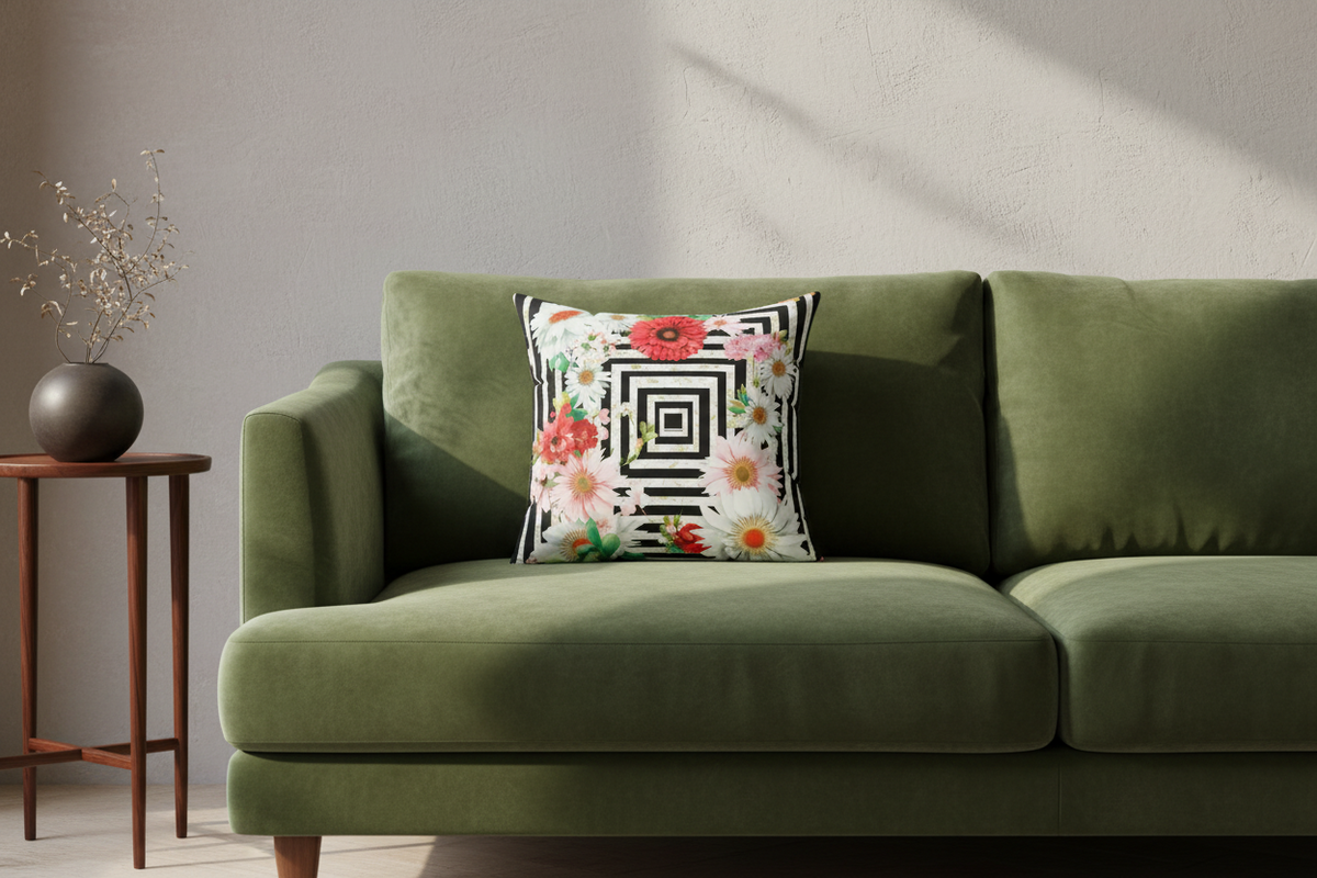An olive green velvet sofa in a styled living room setting, featuring a square throw pillow with a black geometric maze pattern and a colorful floral border.