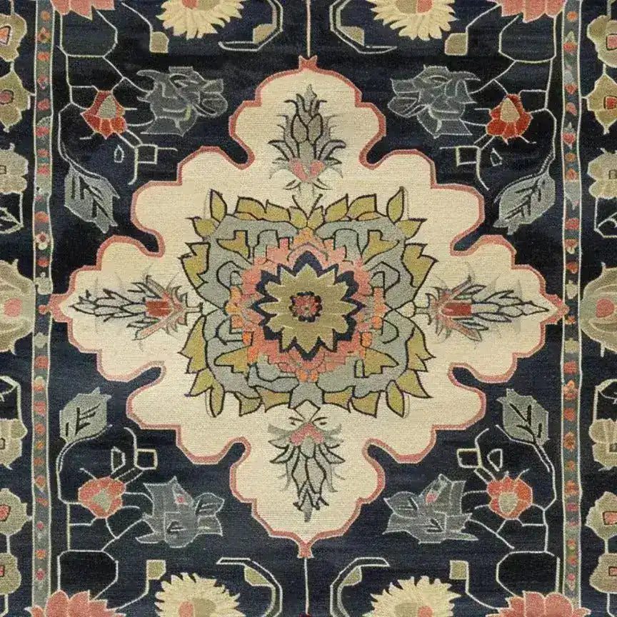 A beautifully hand-knotted wool area rug featuring intricate floral designs with a Persian-inspired motif. This medium-sized rug showcases a harmonious blend of colors, making it perfect for enhancing the aesthetic of your living room or office space. Ideal for those seeking elegant and timeless living room area rugs.