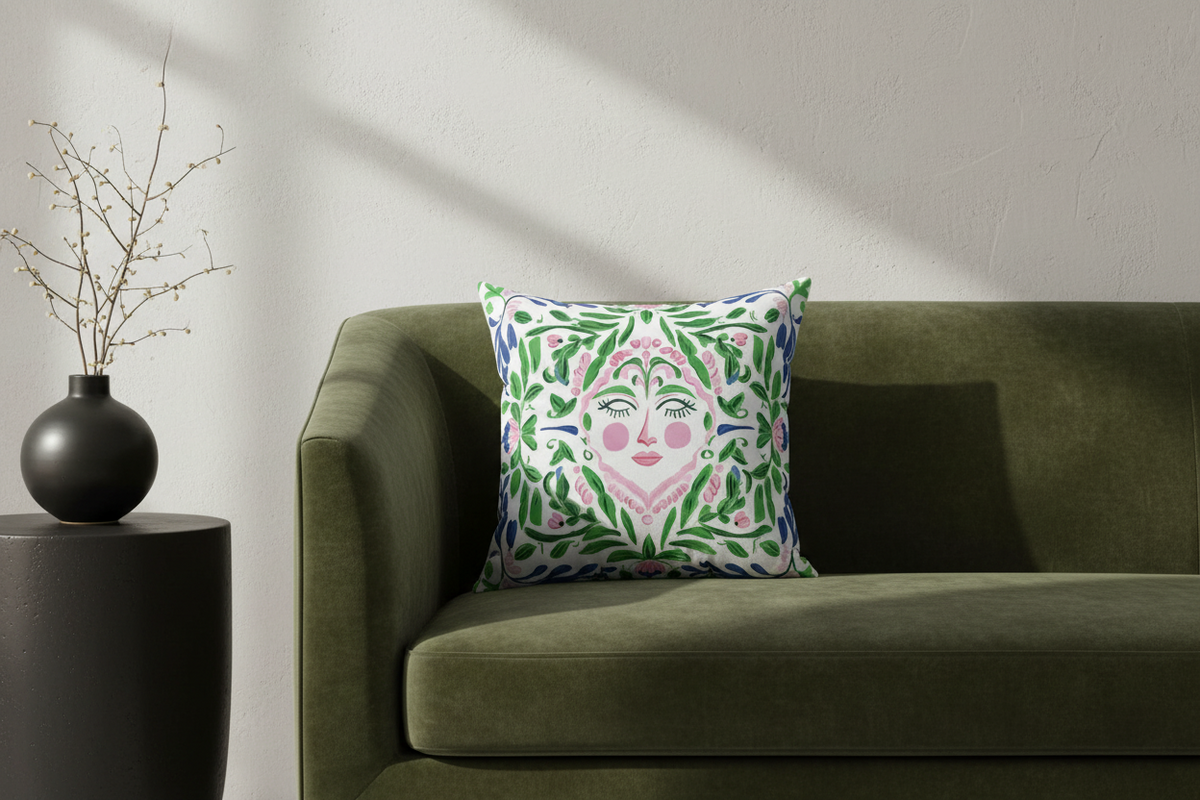 A square decorative throw pillow with a colorful folk-art face pattern, styled on an olive green velvet sofa next to a black side table with a vase of branches.
