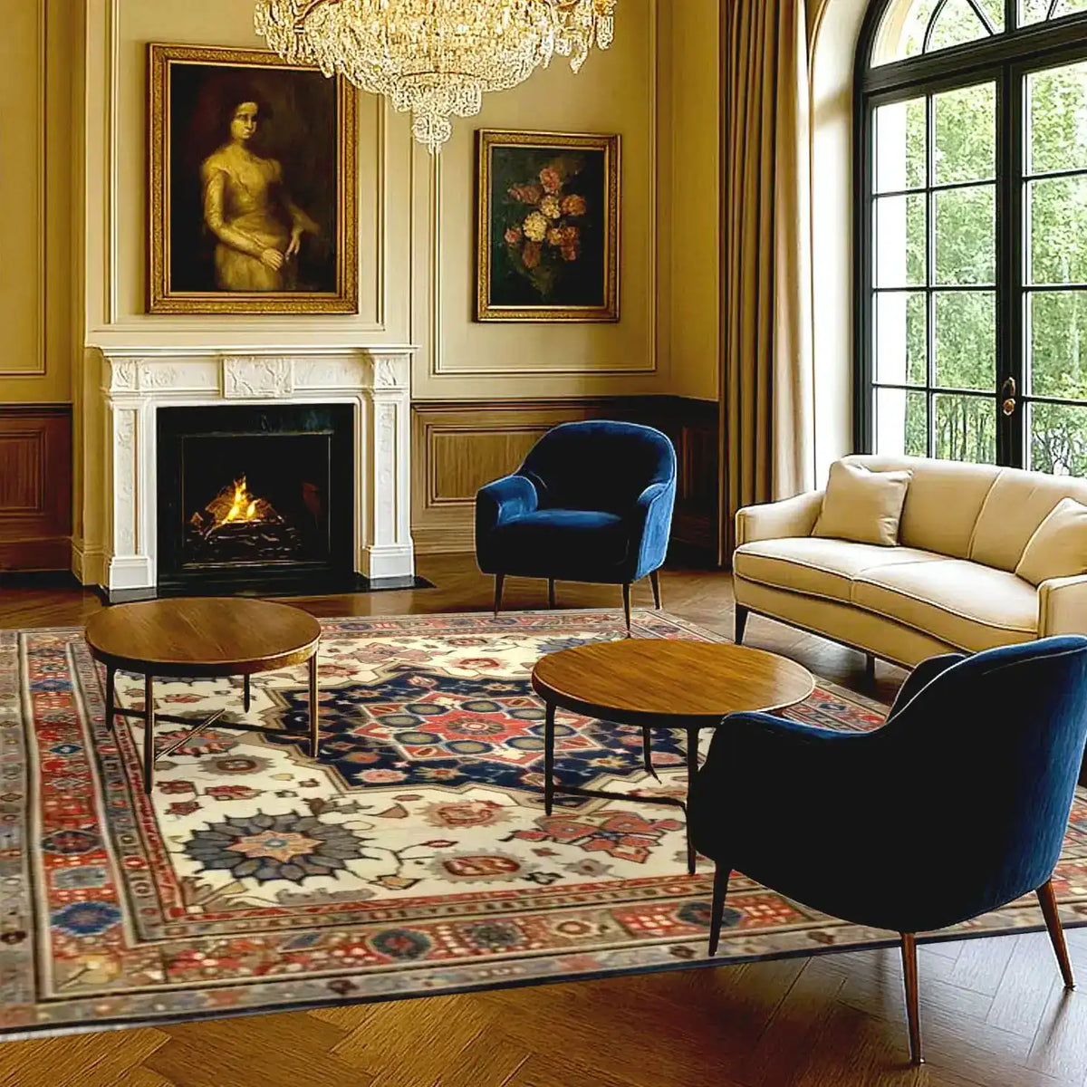 Elegant living room featuring a Flourishing Tapestry Hand Knotted Area Rug with intricate floral patterns, reminiscent of vintage Persian rugs. The 8x10 rug adds a touch of luxury to the space, complementing the classic decor with blue velvet chairs, a cream sofa, and a wooden coffee table set against a warm-toned wooden floor.
