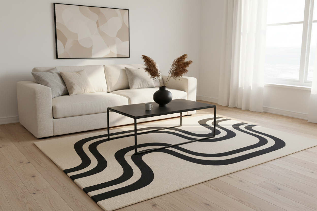 Modern living room with a white sofa, coffee table, and decorative rug.
