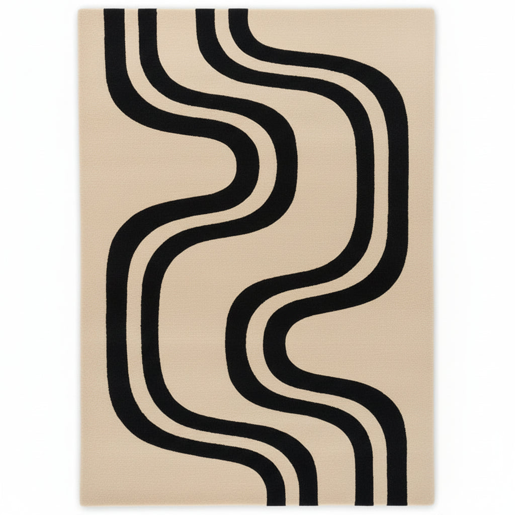 Rug with wavy black line design on beige and green background