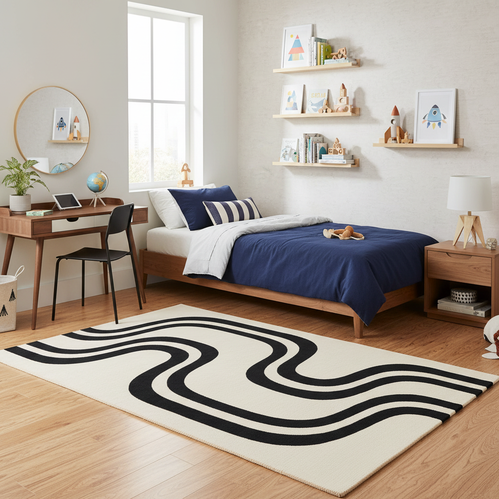Modern bedroom with a bed, desk, wool rug, and shelves.