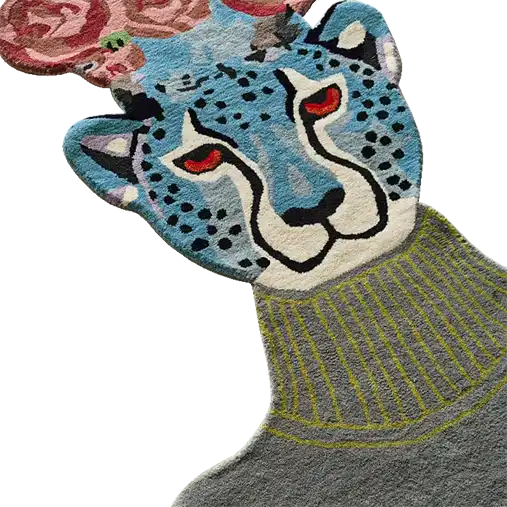 A vibrant hand-tufted area rug featuring an abstract leopard head design with floral accents on top. This wool rug is perfect for adding a bold statement to your living room, kitchen, or hallway. Ideal as a kitchen runner rug or a bathroom runner rug, this unique piece combines artistic flair with functionality.