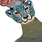 A vibrant hand-tufted area rug featuring an abstract leopard head design with floral accents on top. This wool rug is perfect for adding a bold statement to your living room, kitchen, or hallway. Ideal as a kitchen runner rug or a bathroom runner rug, this unique piece combines artistic flair with functionality.