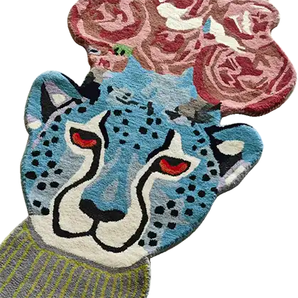 A vibrant hand-tufted area rug featuring a blue leopard head adorned with abstract floral patterns, perfect for adding a unique touch to your living room, kitchen, or hallway. This wool rug combines bold colors and intricate design, making it an ideal kitchen runner rug or bathroom runner rug. Its striking appearance can enhance any living room setting, especially in spaces requiring an 8x10 rug.