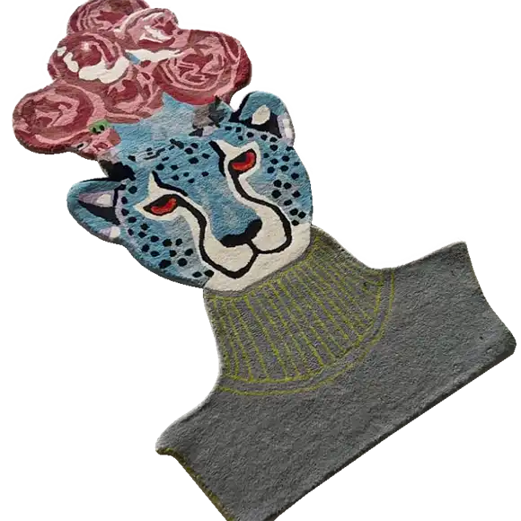 Hand-tufted area rug featuring a vibrant leopard head adorned with pink flowers. This wool rug is perfect as a kitchen runner rug, bathroom runner rug, or a unique accent in your living room. Ideal for adding a pop of color to hallway spaces or living room rugs 8x10 configurations.