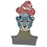 Stylish hand-tufted area rug featuring a striking design of a blue leopard head adorned with vibrant pink flowers. Perfect as kitchen rugs or kitchen runner rugs, this wool rug also serves as a unique bathroom runner rug or hallway runner rug. Ideal for adding a bold touch to living room rugs 8x10 or any living room space.